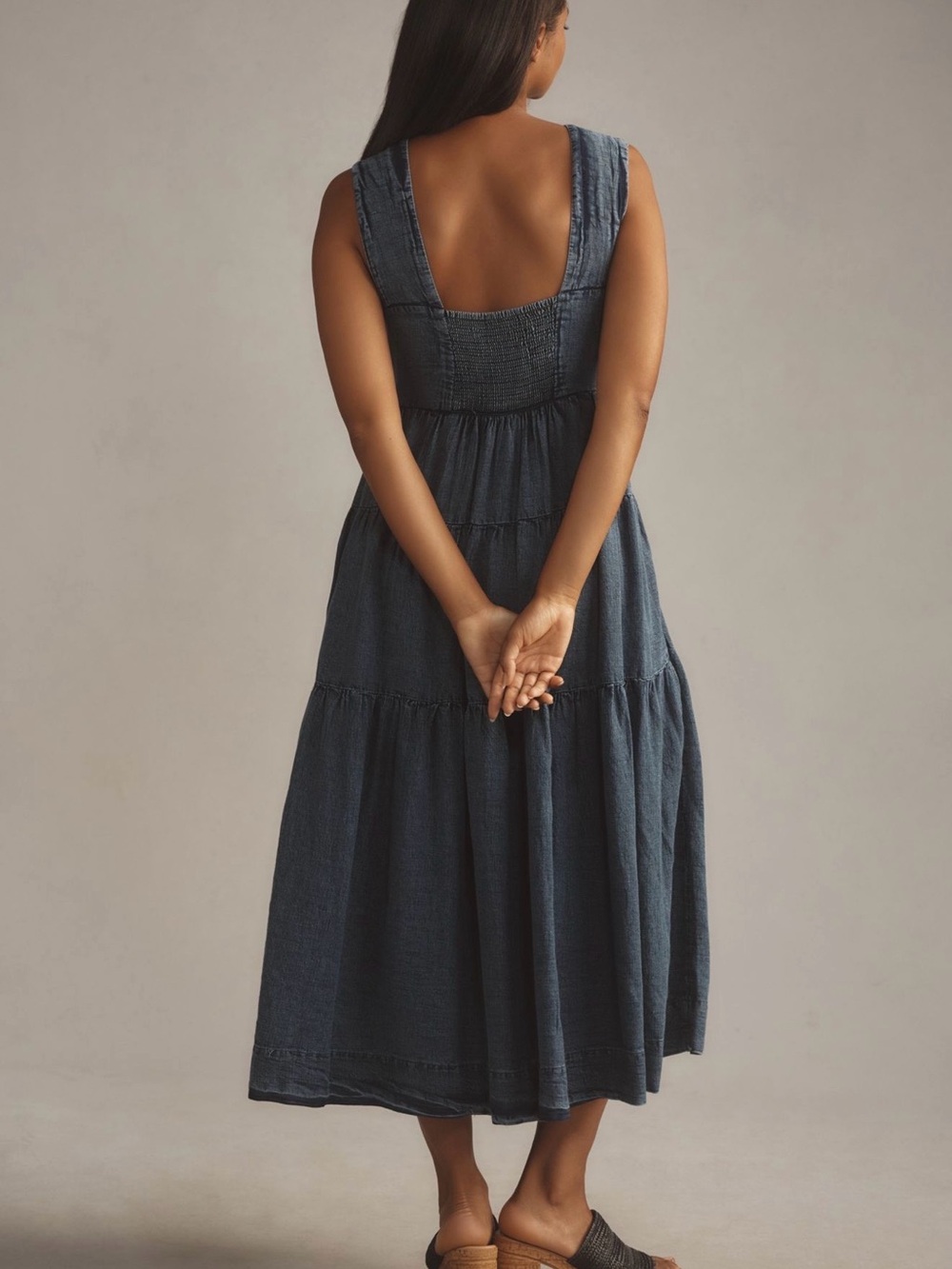 The Helena Square-Neck Tiered Midi Dress: Smocked: Denim Edition - Picture 6 of 15